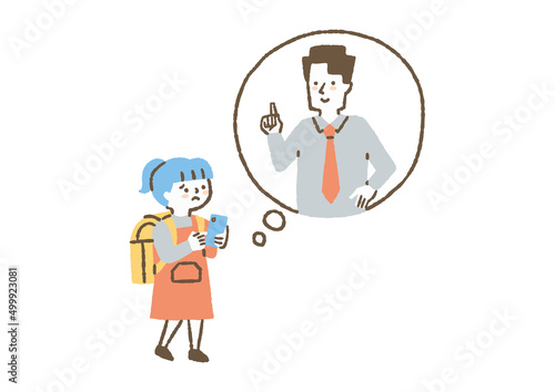 先生に相談する女子小学生_色