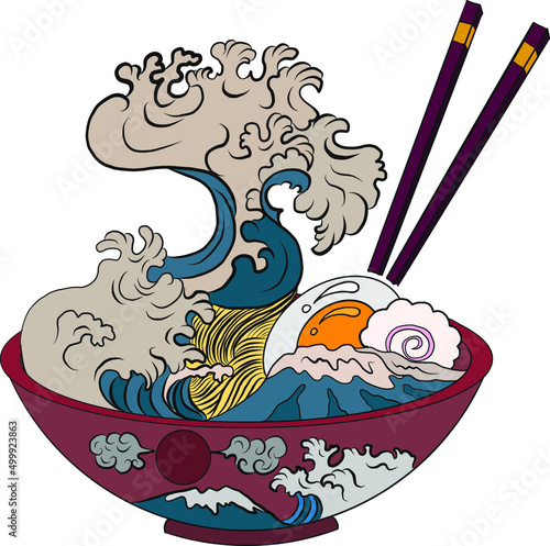 Traditional Japanese ramen and wave for restaurant printing on wallpaper.Ramen vector illustration for doodle art.Asian food.