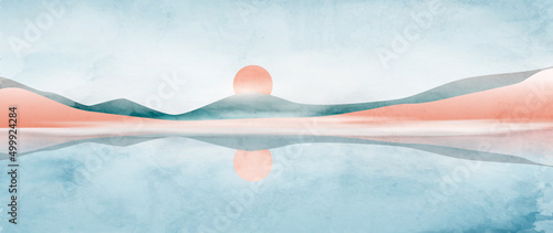 Watercolor ink art background with mountains and hills. Landscape banner with paints in blue and earth tones for interior decoration, design, print.