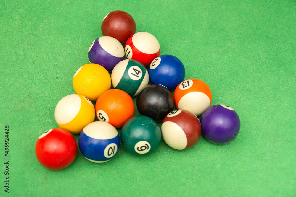 Numbered pool balls in triangle formation on table Numbered pool balls in triangle formation on table
