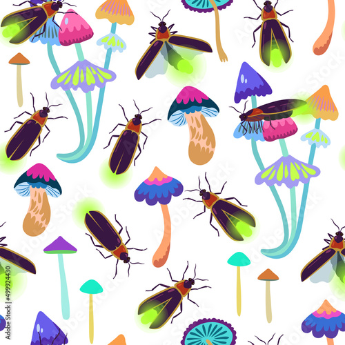 Seamless pattern with firefly beetles and fairy mushrooms for textile and design.