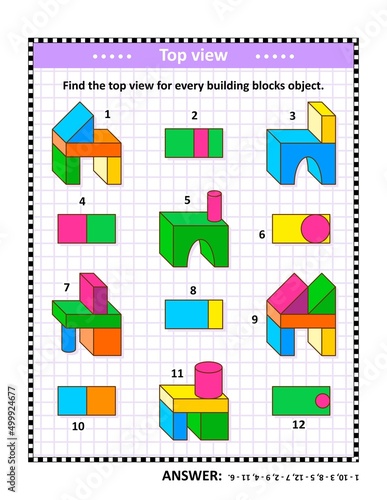 Educational math puzzle: Find the top view for every building blocks object. Answer included.
