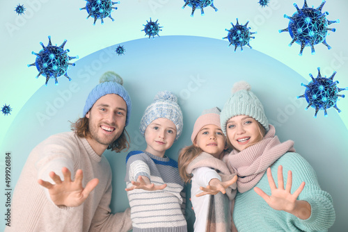 Healthy family with strong immunity on blue background. Protection against viruses