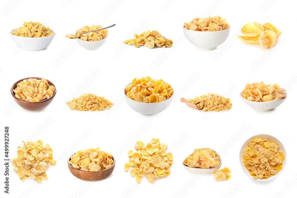 Set of tasty corn flakes on white background Set of tasty corn flakes on white background