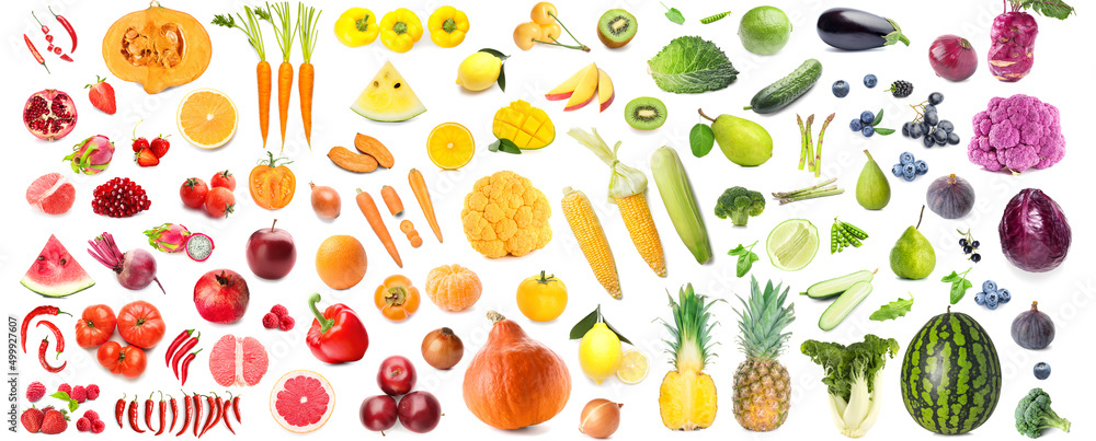 Set of fresh fruits and vegetables on white background - obrazy, fototapety, plakaty 