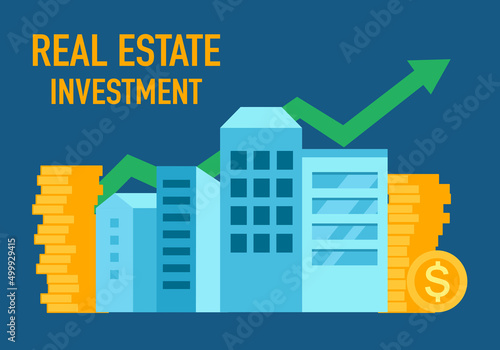 Real estate investment business concept vector illustration. Architecture building, stack of dollar coins and rising arrow in flat design.
