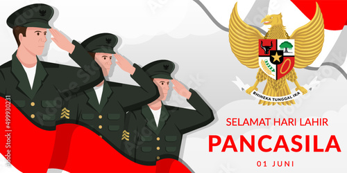 pancasila day - selamat hari lahir pancasila illustration background with salutting people photo
