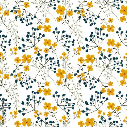Seamless floral hand drawn pattern in yellow and blue colors with wildflowers illustrations. Pattern in vintage style for textile, fabric, print, wallpapers, wrapping paper.  © Arina