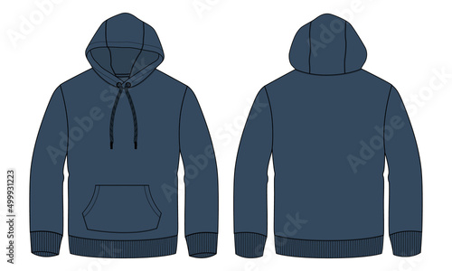 Long sleeve Hoodie technical fashion flat sketch vector illustration Navy blue Color template front and back views. Apparel Winter hoodie mock up Card. Easy edit customizable