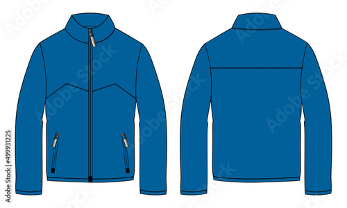 Long sleeve jacket with pocket and zipper technical fashion flat sketch vector illustration Blue Color template front and back views. Fleece jersey sweatshirt jacket for men's and boys.