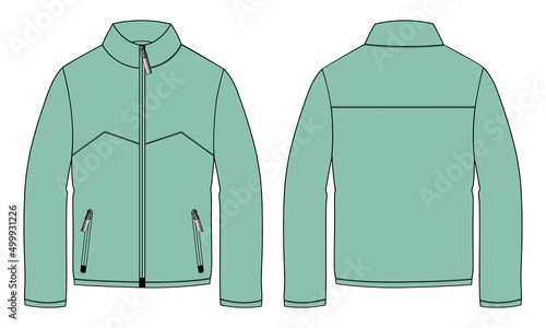 Long sleeve jacket with pocket and zipper technical fashion flat sketch vector illustration Light Green Color template front and back views. Fleece jersey sweatshirt jacket for men's and boys.