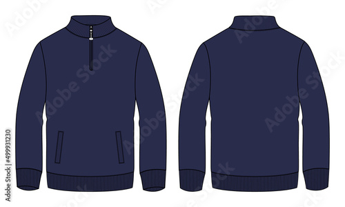 Long sleeve jacket with pocket and zipper technical fashion flat sketch vector illustration navy color template front and back views. Fleece jersey sweatshirt jacket for men's and boys.