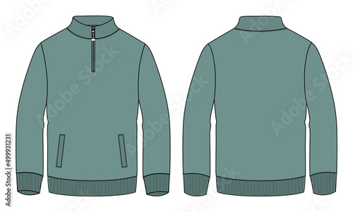 Long sleeve jacket with pocket and zipper technical fashion flat sketch vector illustration Green color template front and back views. Fleece jersey sweatshirt jacket for men's and boys.