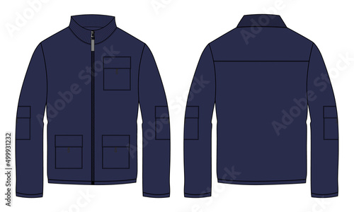 Long sleeve jacket with pocket and zipper technical fashion flat sketch vector illustration Navy Color template front and back views. Fleece jersey sweatshirt jacket for men's and boys.