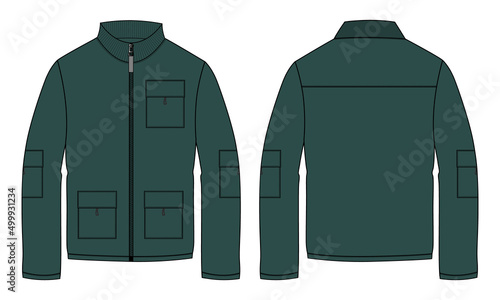 Long sleeve jacket with pocket and zipper technical fashion flat sketch vector illustration Green Color template front and back views. Fleece jersey sweatshirt jacket for men's and boys.