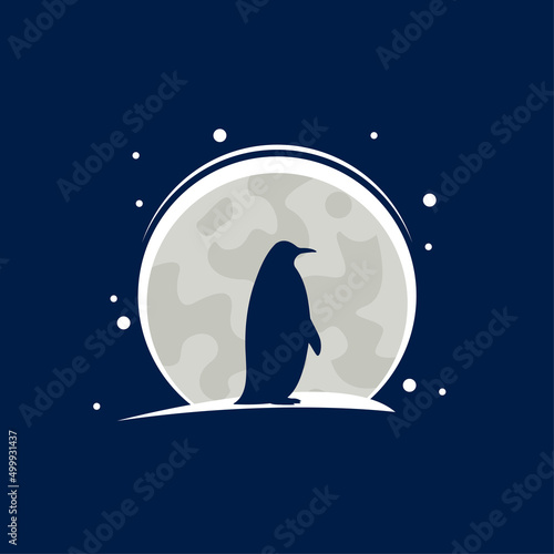 silhouette penguin logo standing on full moon at dark night