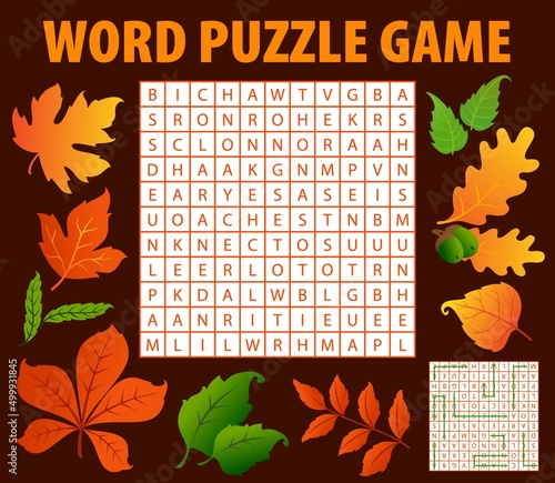 Autumn leaves and acorns word search puzzle game worksheet, kids quiz. Vector crossword grid with words birch, hawthorn, oak and ash, chestnut, linden with maple, viburnum and willow educational task