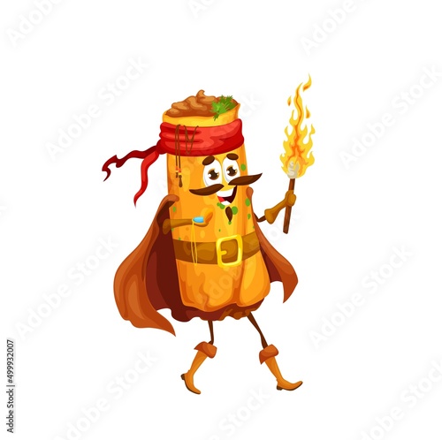 Cartoon mexican enchilada pirate character with torch. Vector roll of corn tortilla Caribbean corsair emoji searching for pirate captain treasure with pocket compass, torchlight, fast food personage