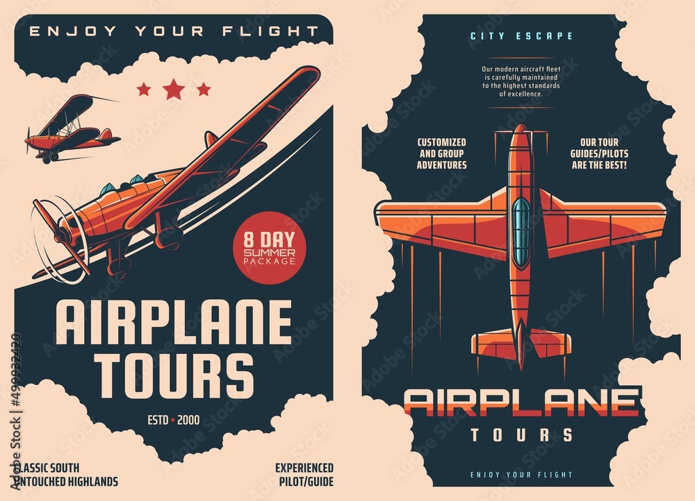 Airplane tours retro posters, air travel and avia tourism, passenger