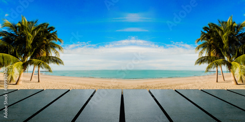 Table background of free space for standing product against the background of the autumn sea landscape Blue sky and coconut tree . Space concept for text and decoration, advertisement.