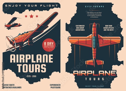 Airplane tours retro posters, air travel and avia tourism, passenger flights and tickets booking. Vector vintage posters of airlines tours on private jets or charter flight with travel guide pilots