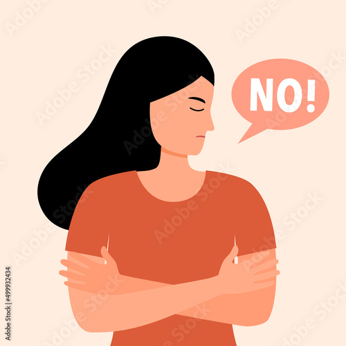 Woman with expression no or stop sign in flat design. No means no concept.