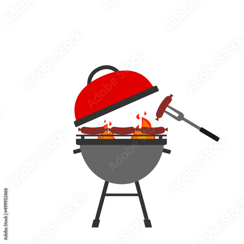 bbq grill cooking sausages  on fire vector illustration