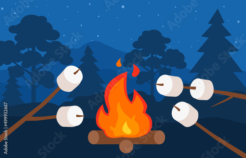 roasting marshmallow on sticks over the campfire night forest camping vector illustration 