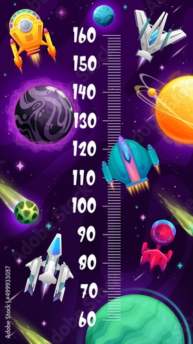 Starships, starcrafts and spaceships in galaxy kids height chart. Growth measure meter vector ruler on background of cartoon space planets and stars. Children stadiometer wall sticker with spacecrafts