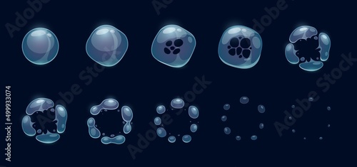 Soap bubble burst effect, animated sprite transparent bubble explosion, vector sequence. Cartoon game splash of soap or water bubble explode animation, ball or balloon burst effect frame sheet