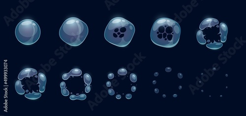 Soap bubble burst effect  animated sprite transparent bubble explosion  vector sequence. Cartoon game splash of soap or water bubble explode animation  ball or balloon burst effect frame sheet