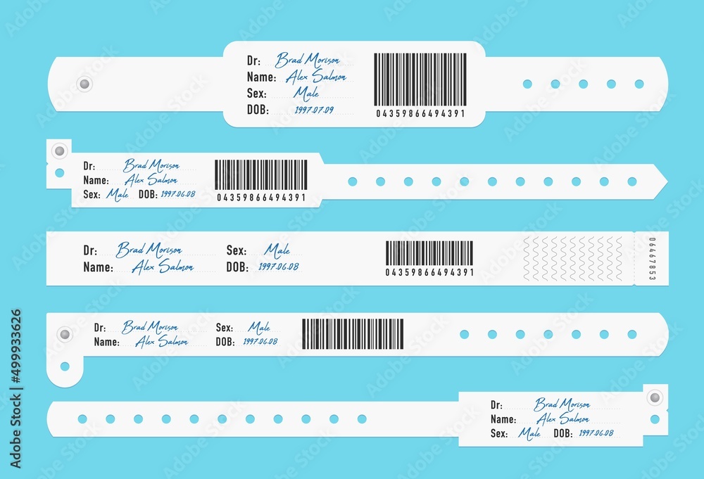 Medical hospital wristband or bracelet mockup, patient identification id.  Vector plastic or paper band templates. White bangles with barcode for  health institution, doctor name and sex, wristlets set Stock Vector | Adobe