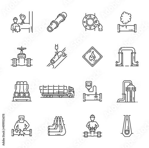 Pipeline, gas oil industry icons. Vector system of oil and gas transportation pipes with valves, taps and tubes, petroleum factory and refinery plant workers, pipeline construction and repair