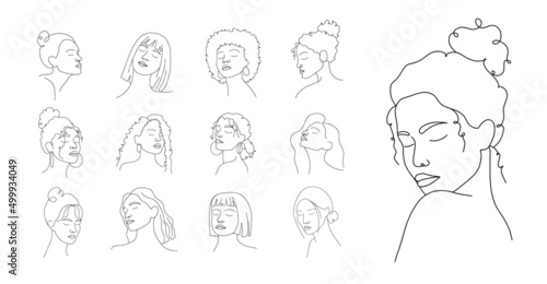 Set of abstract woman faces. Elegant female portraits with closed eyes. Hand drawn outline female silhouettes. Vector illustration in one line style. Beauty logo.