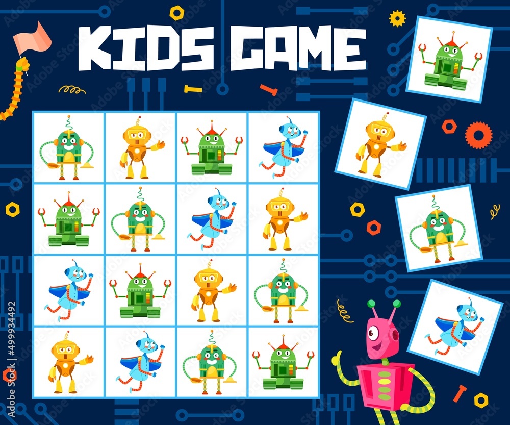 Fototapeta premium Sudoku game worksheet. Cartoon funny robots on kids puzzle game, kindergarten children rebus book vector page template. Child sudoku riddle with cute androids, alien robots or droids personages