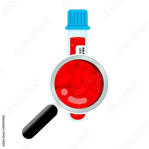 Test tube with blood and magnifying glass.