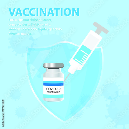 Double exposure of image of covid-19 vaccine with shield. vaccine 
covid-19 prevention concept.