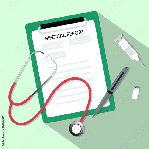 Medical report with stethoscope and pen.