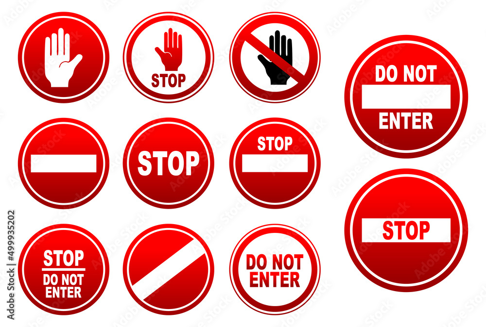 Stop and do not enter sign icon. illustration set of traffic stop and do not enter. Warning and attention. Sign set dangerous, stop and do not enter isolated on white background.
Stop and do not enter sign icon. illustration set of traffic stop and do not enter. Warning and attention. Sign set dangerous, stop and do not enter isolated on white background.