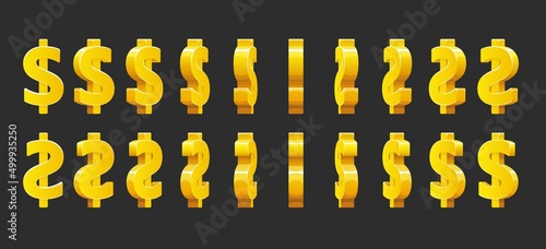 Golden dollar sign animation, animated sprite sheet effect. Spinning, sparkling and rotating 3d golden dollar symbol for video game, casino gambling, jackpot bonus or win spritesheet frame