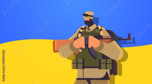 Ukrainian soldier in full body armor special forced Ukrainian defender in military cloth armed forces of Ukraine stop war