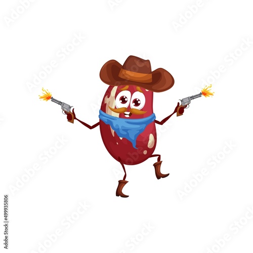 Cartoon bean robber or bandit personage. Funny vector red kidney cowboy or ranger wear hat and boots shoot with guns. Isolated fantasy character, healthy food game or book brave adventurer character