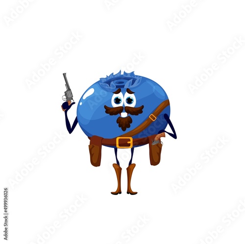Cartoon blueberry cowboy character, western berry personage with guns. Vector bilberry robber or gangster, funny bandit or ranger isolated fantasy huckleberry adventurer character