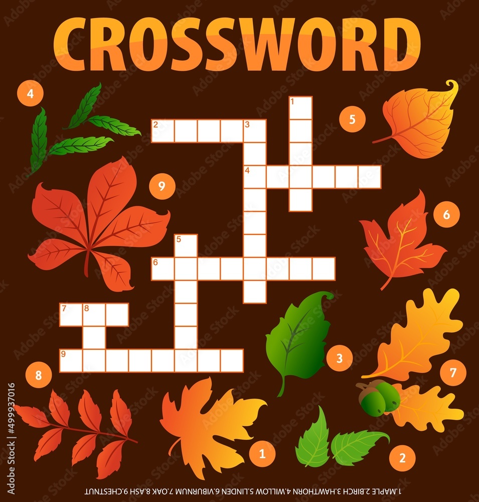 Autumn leaves and acorns crossword puzzle worksheet, word quiz. Vector