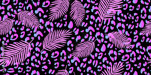 Exotic fluorescent palm leaves and leopard texture seamless pattern. Tropical neon gradient background. Futuristic digital. Vector wallpaper. 
