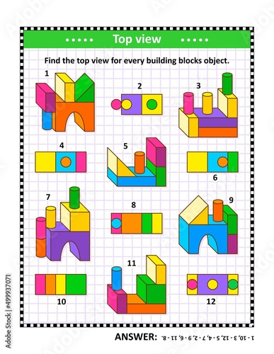 Educational math puzzle: Find the top view for every building blocks object. Answer included.
