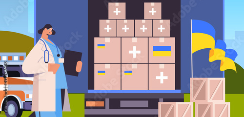 doctor giving help box with medical supplies to refugees humanitarian aid material assistance governmental help