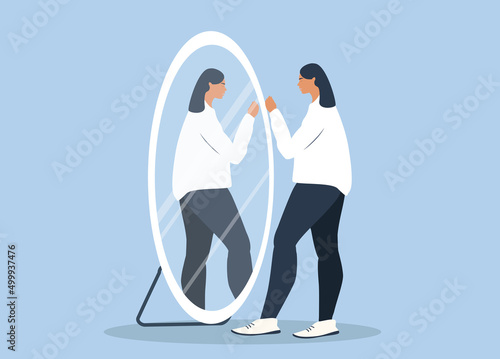 vector illustration on the topic of body positive, self-acceptance. the girl looks at her reflection in the mirror . trend illustration in flat style