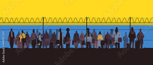 Ukrainian refugees with things near barbed wire fence rush to border fleeing russian aggression against Ukraine stop war