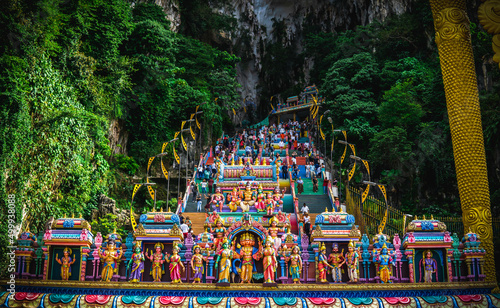 New look with colorful stair at Murugan Temple Batu Caves become a new attraction for tourism in Malaysia. The Famous and Iconic limestone Batu Caves in Selangor.